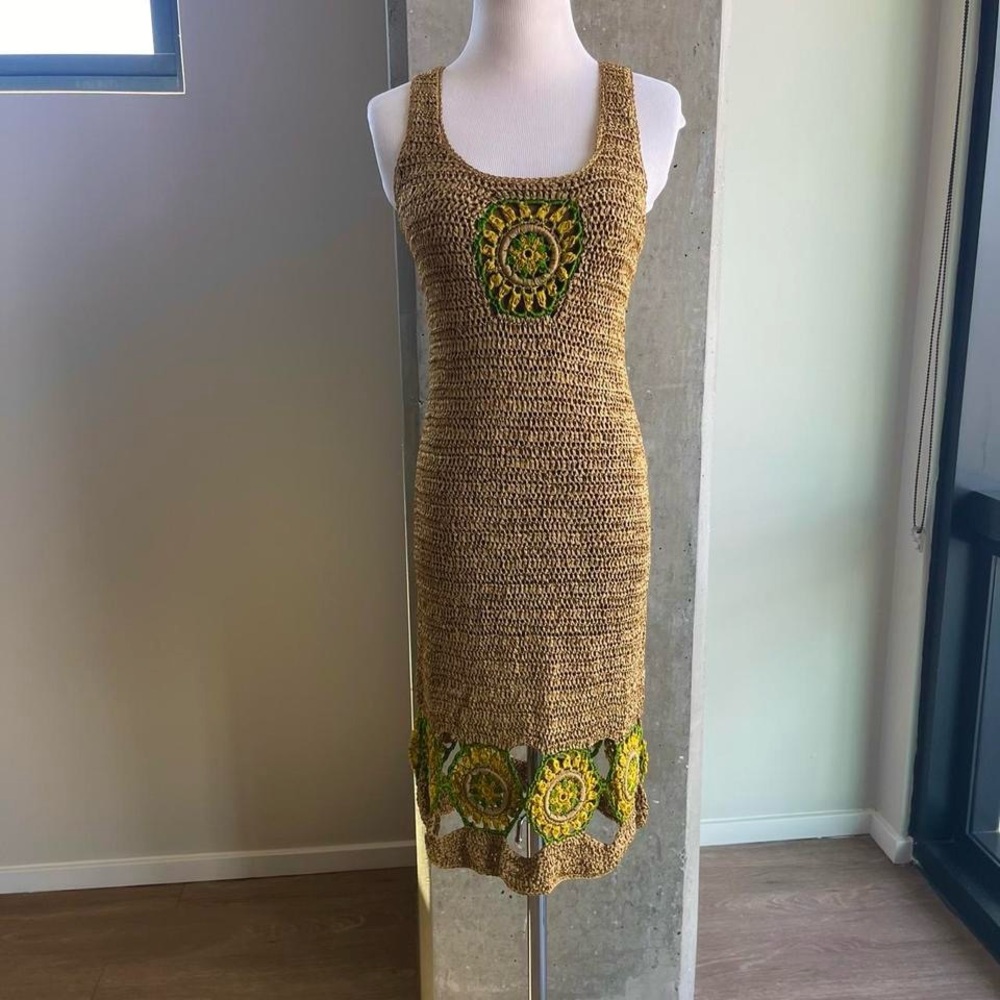 Handcrafted Crochet Dress in Tan and Green